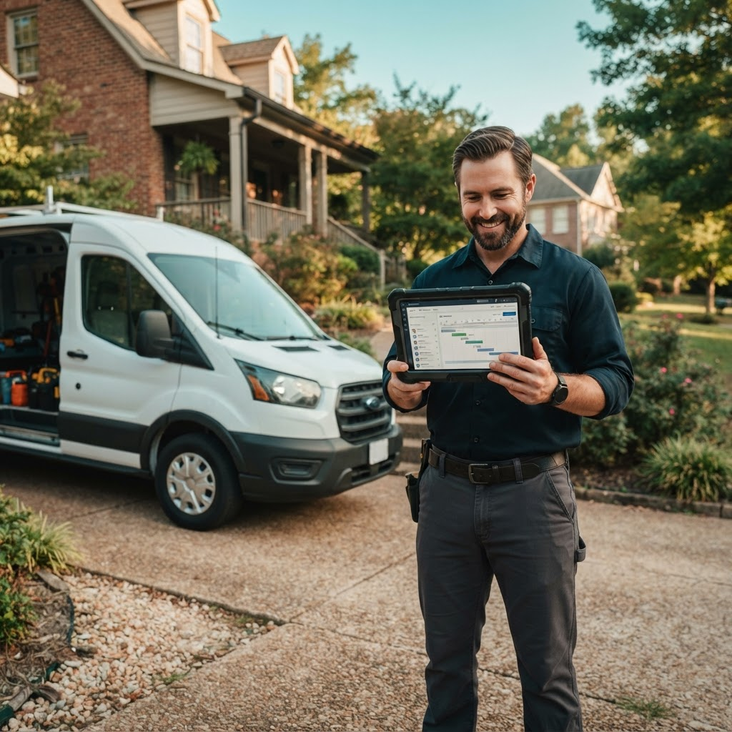 A home service contractor reviewing a scheduling dashboard beside a work van